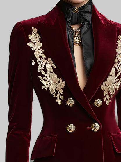 Women’s Elegant Double-Breasted Velvet Blazer – Golden Leaf Notch Lapel, Long Sleeve Blazers The Nichole Collection