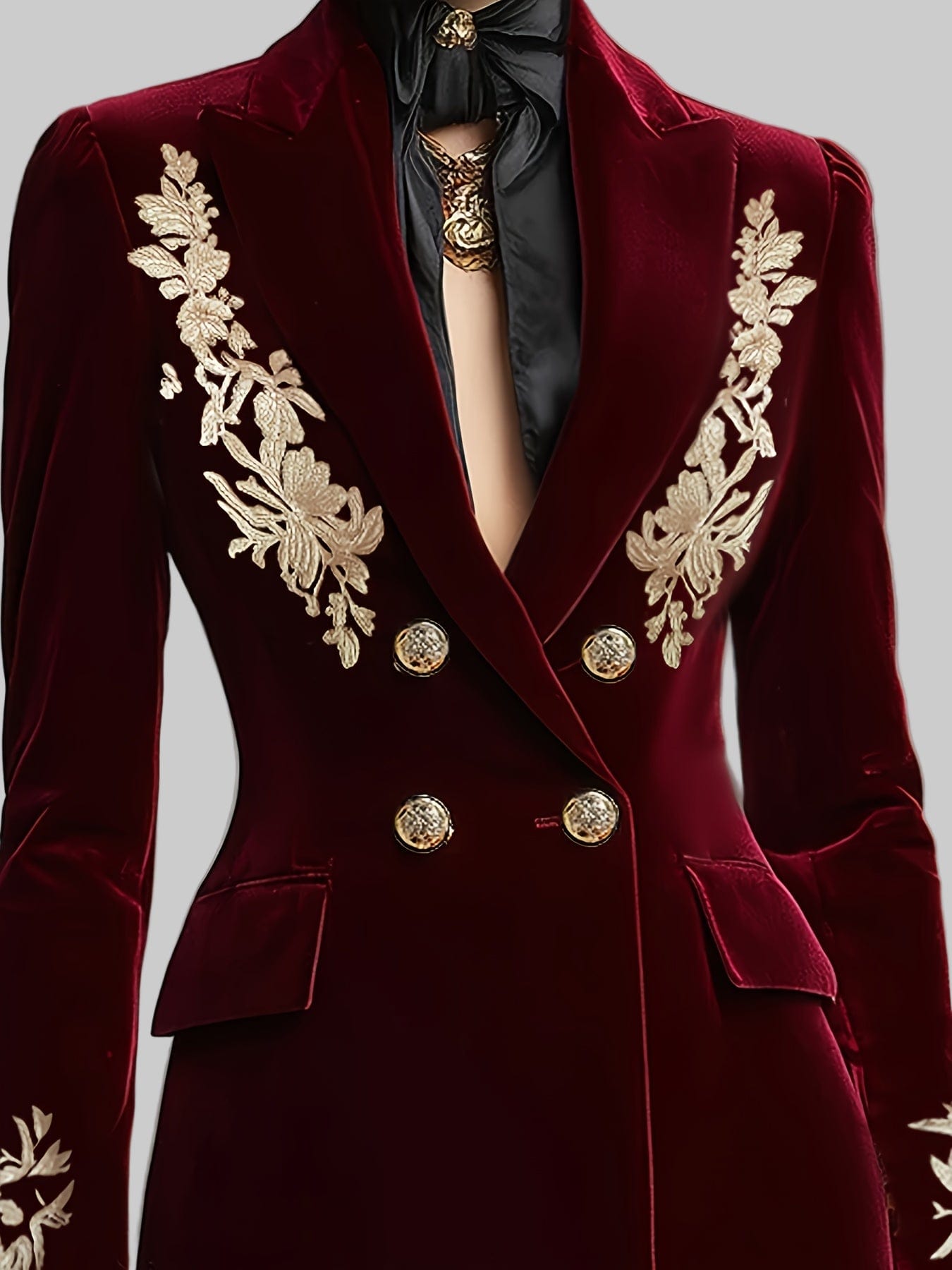 Women’s Elegant Double-Breasted Velvet Blazer – Golden Leaf Notch Lapel, Long Sleeve Blazers The Nichole Collection