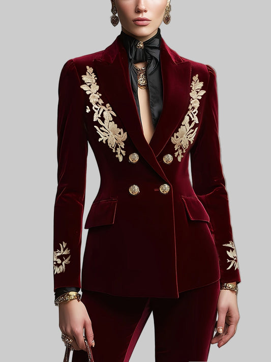 Women’s Elegant Double-Breasted Velvet Blazer – Golden Leaf Notch Lapel, Long Sleeve Blazers The Nichole Collection