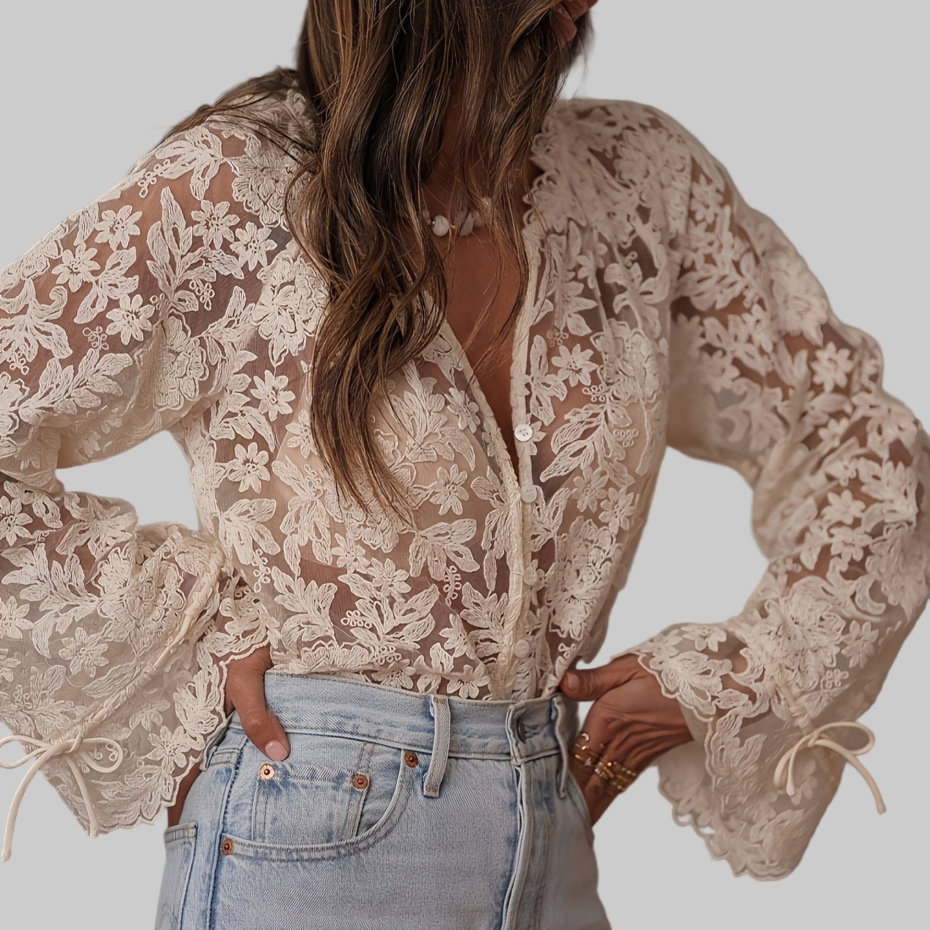 Women’s Elegant Floral Embroidered V-Neck Blouse Shirts & Tops Apricot / S The Nichole Collection