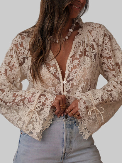 Women’s Elegant Floral Embroidered V-Neck Blouse Shirts & Tops The Nichole Collection
