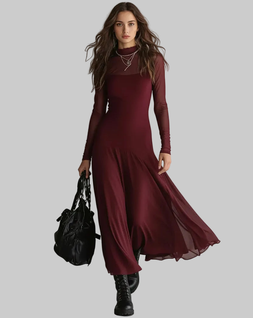 Women's Elegant Mesh A-Line Maxi Dress Wine Red / S Maxi Dresses The Nichole Collection