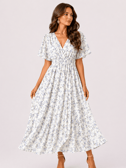 Women’s Floral Chiffon Boho Midi Dress – V-Neck A-Line Summer Dress White floral / One Size The Nichole Collection