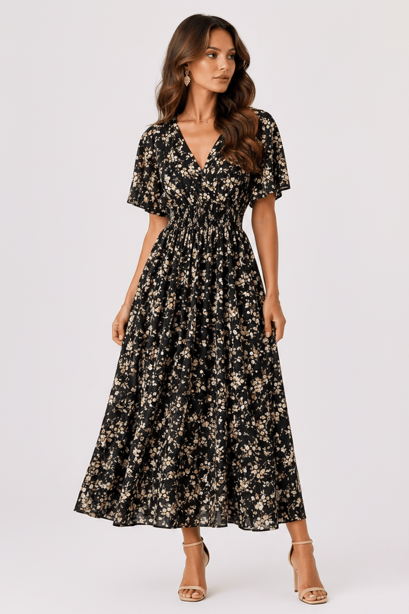 Women’s Floral Chiffon Boho Midi Dress – V-Neck A-Line Summer Dress Black-apricot flower / One Size The Nichole Collection