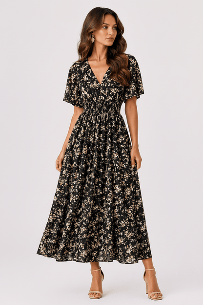 Women’s Floral Chiffon Boho Midi Dress – V-Neck A-Line Summer Dress Black-apricot flower / One Size The Nichole Collection