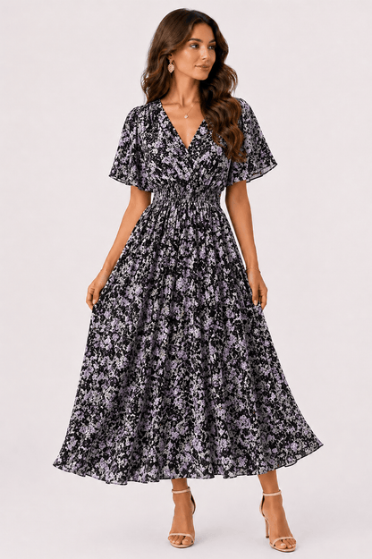 Women’s Floral Chiffon Boho Midi Dress – V-Neck A-Line Summer Dress Black-purple flower / One Size The Nichole Collection
