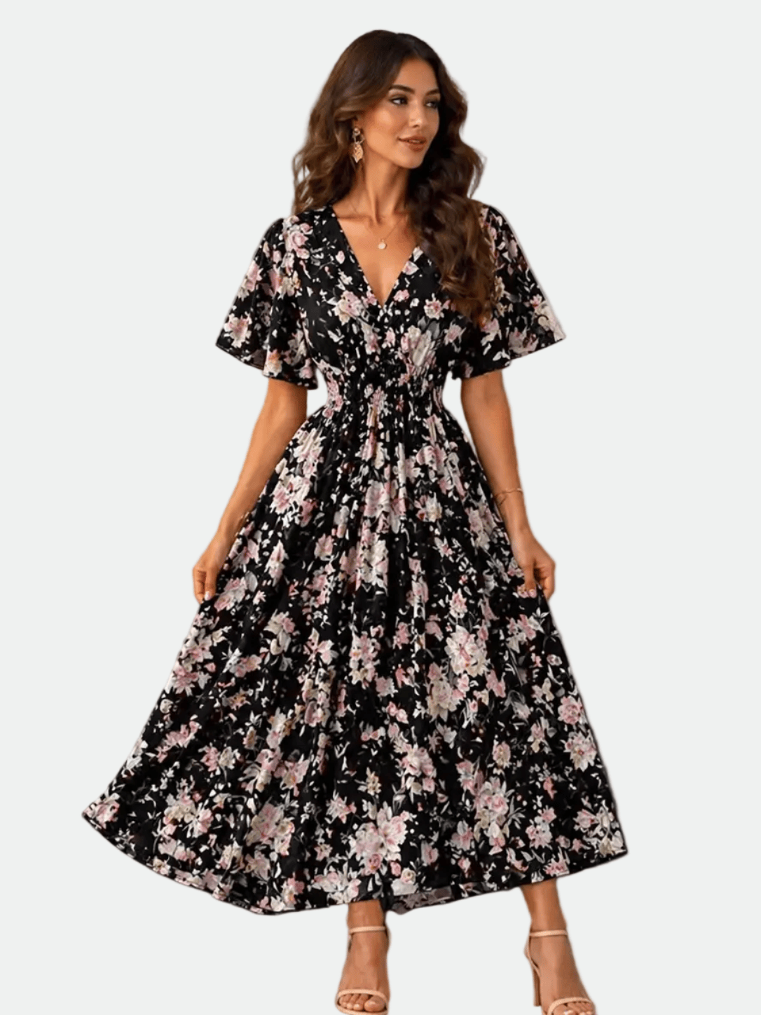 Women’s Floral Chiffon Boho Midi Dress – V-Neck A-Line Summer Dress Black-big flower / One Size The Nichole Collection