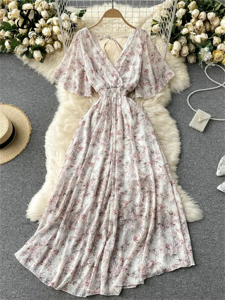 Women’s Floral Chiffon Boho Midi Dress – V-Neck A-Line Summer Dress White-big flower / One Size The Nichole Collection
