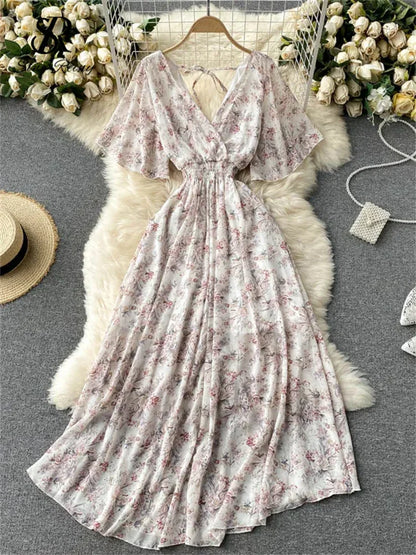 Women’s Floral Chiffon Boho Midi Dress – V-Neck A-Line Summer Dress White-big flower / One Size The Nichole Collection