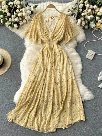 Women’s Floral Chiffon Boho Midi Dress – V-Neck A-Line Summer Dress Yellow floral / One Size The Nichole Collection