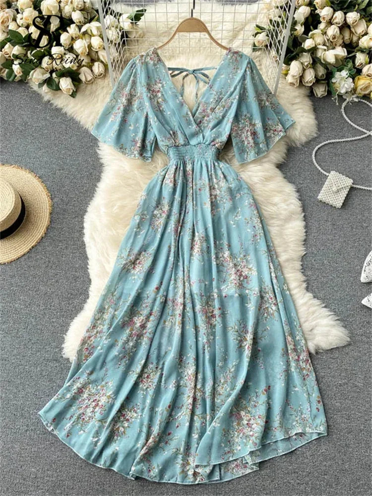 Women’s Floral Chiffon Boho Midi Dress – V-Neck A-Line Summer Dress The Nichole Collection