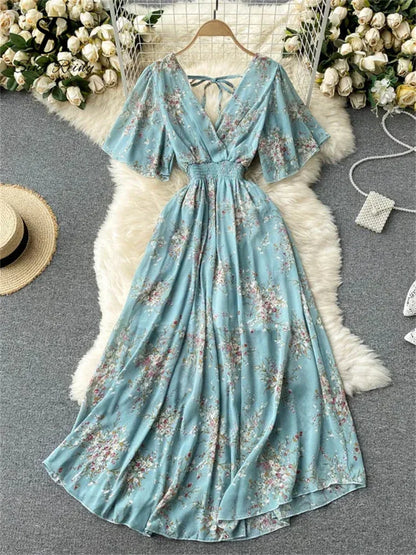 Women’s Floral Chiffon Boho Midi Dress – V-Neck A-Line Summer Dress The Nichole Collection