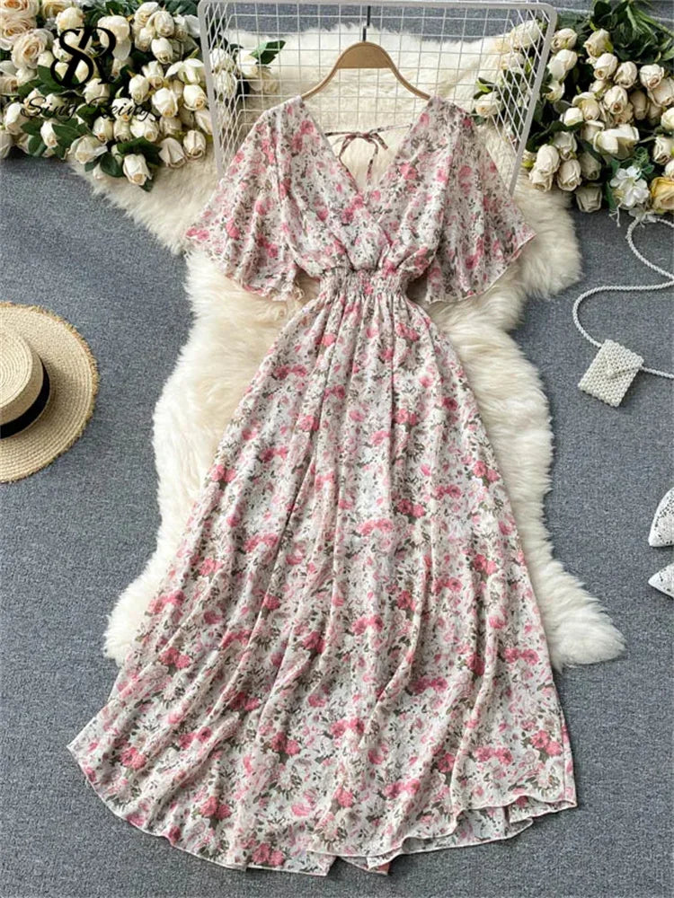 Women’s Floral Chiffon Boho Midi Dress – V-Neck A-Line Summer Dress The Nichole Collection
