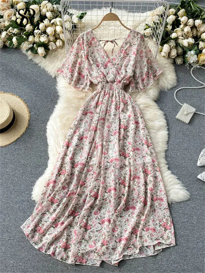 Women’s Floral Chiffon Boho Midi Dress – V-Neck A-Line Summer Dress The Nichole Collection