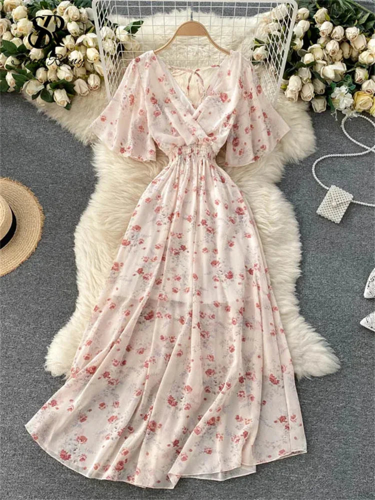 Women’s Floral Chiffon Boho Midi Dress – V-Neck A-Line Summer Dress The Nichole Collection