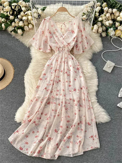 Women’s Floral Chiffon Boho Midi Dress – V-Neck A-Line Summer Dress The Nichole Collection