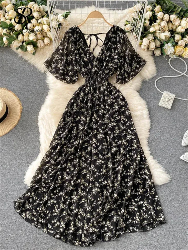Women’s Floral Chiffon Boho Midi Dress – V-Neck A-Line Summer Dress The Nichole Collection