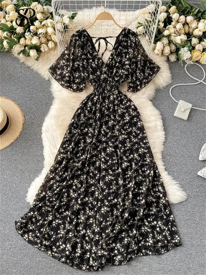 Women’s Floral Chiffon Boho Midi Dress – V-Neck A-Line Summer Dress The Nichole Collection