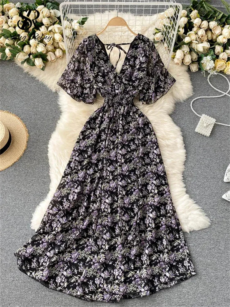 Women’s Floral Chiffon Boho Midi Dress – V-Neck A-Line Summer Dress The Nichole Collection