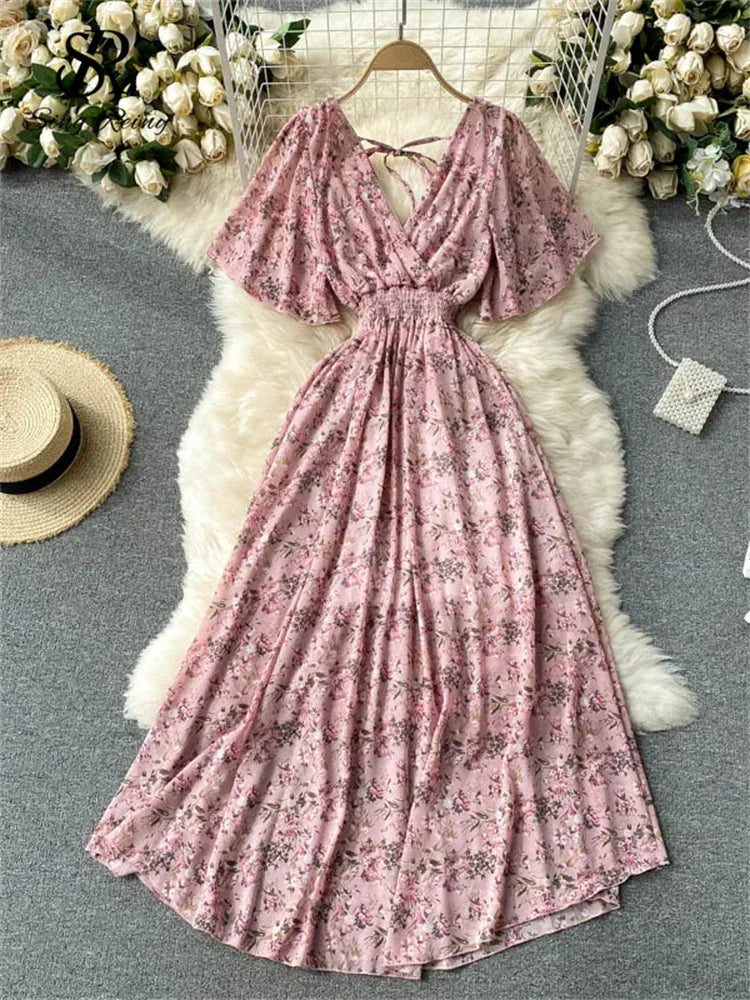 Floral Chiffon Boho Midi Dress – V-Neck A-Line Summer Dress