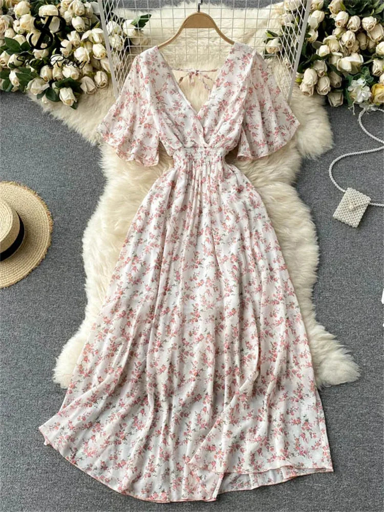Women’s Floral Chiffon Boho Midi Dress – V-Neck A-Line Summer Dress Apricot purple / One Size The Nichole Collection