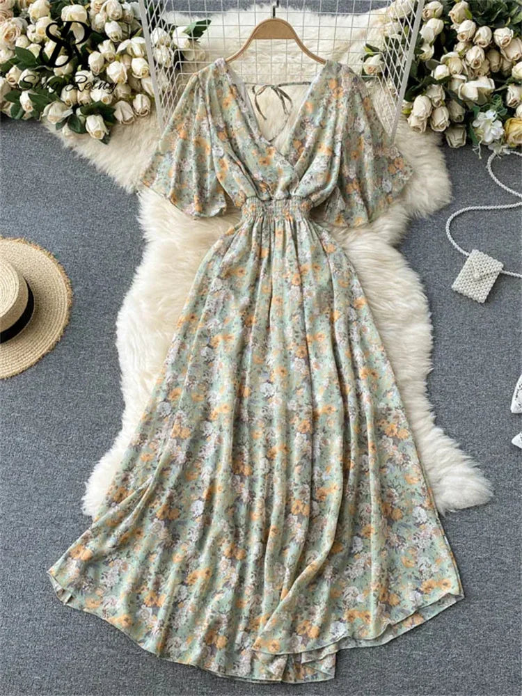 Women’s Floral Chiffon Boho Midi Dress – V-Neck A-Line Summer Dress Green-yellow floral / One Size The Nichole Collection