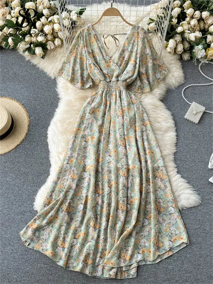 Women’s Floral Chiffon Boho Midi Dress – V-Neck A-Line Summer Dress Green-yellow floral / One Size The Nichole Collection