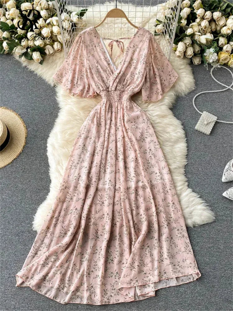 Women’s Floral Chiffon Boho Midi Dress – V-Neck A-Line Summer Dress The Nichole Collection