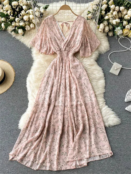 Women’s Floral Chiffon Boho Midi Dress – V-Neck A-Line Summer Dress The Nichole Collection