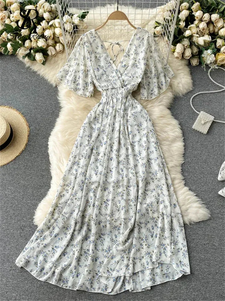 Women’s Floral Chiffon Boho Midi Dress – V-Neck A-Line Summer Dress The Nichole Collection