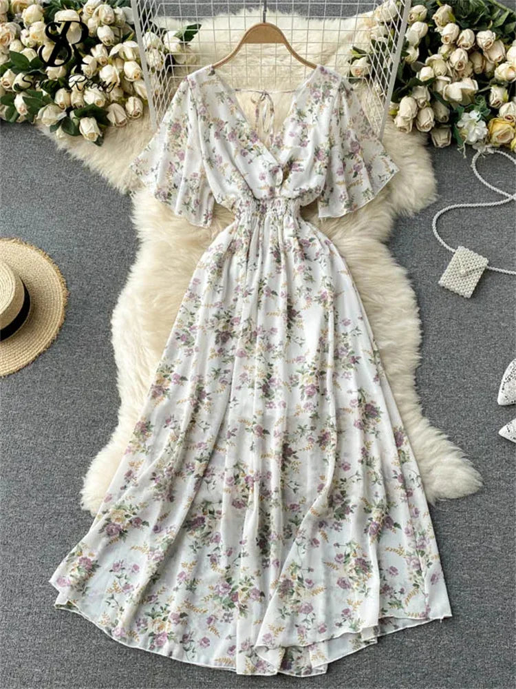 Women’s Floral Chiffon Boho Midi Dress – V-Neck A-Line Summer Dress White-purple floral / One Size The Nichole Collection