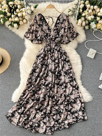 Women’s Floral Chiffon Boho Midi Dress – V-Neck A-Line Summer Dress The Nichole Collection
