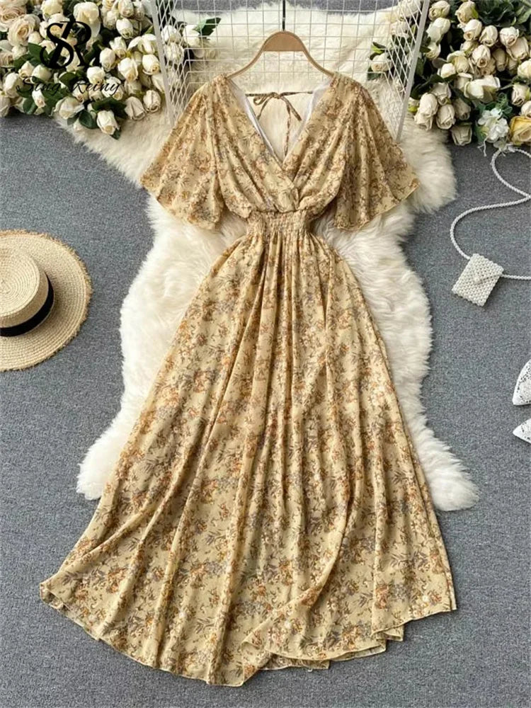 Women’s Floral Chiffon Boho Midi Dress – V-Neck A-Line Summer Dress The Nichole Collection