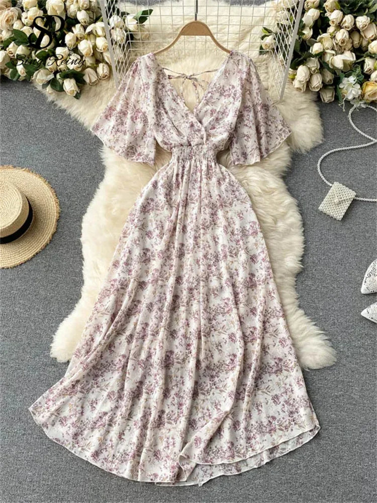 Women’s Floral Chiffon Boho Midi Dress – V-Neck A-Line Summer Dress White-pink floral / One Size The Nichole Collection