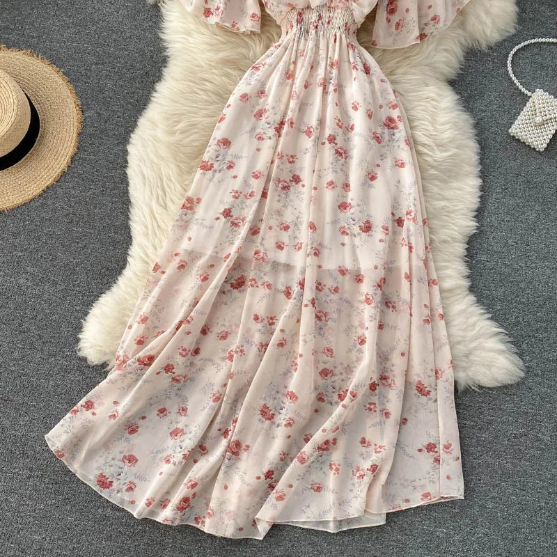 Women’s Floral Chiffon Boho Midi Dress – V-Neck A-Line Summer Dress The Nichole Collection