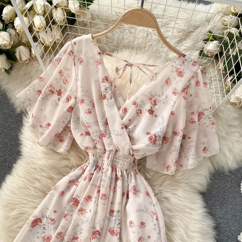 Women’s Floral Chiffon Boho Midi Dress – V-Neck A-Line Summer Dress The Nichole Collection