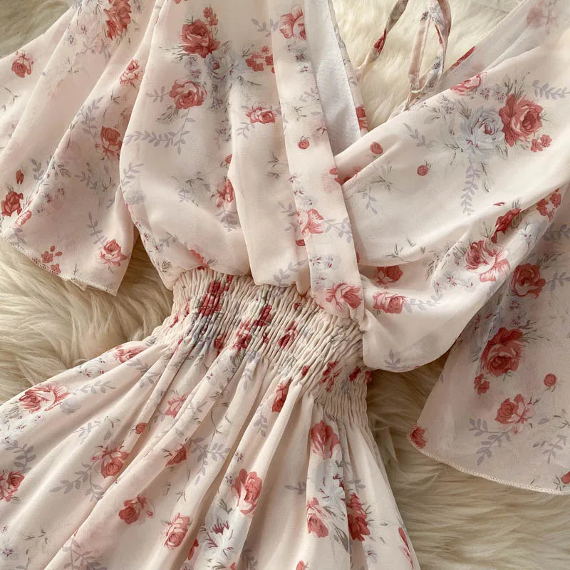Women’s Floral Chiffon Boho Midi Dress – V-Neck A-Line Summer Dress The Nichole Collection
