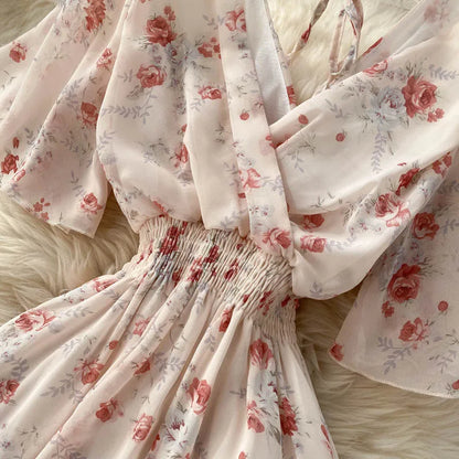 Women’s Floral Chiffon Boho Midi Dress – V-Neck A-Line Summer Dress The Nichole Collection
