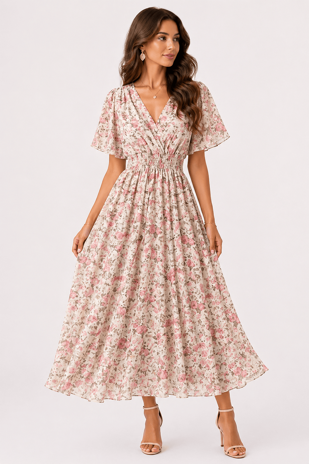 Women’s Floral Chiffon Boho Midi Dress – V-Neck A-Line Summer Dress Apricot-pink floral / One Size The Nichole Collection