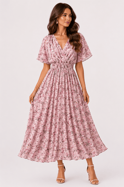 Women’s Floral Chiffon Boho Midi Dress – V-Neck A-Line Summer Dress Dark pink / One Size The Nichole Collection
