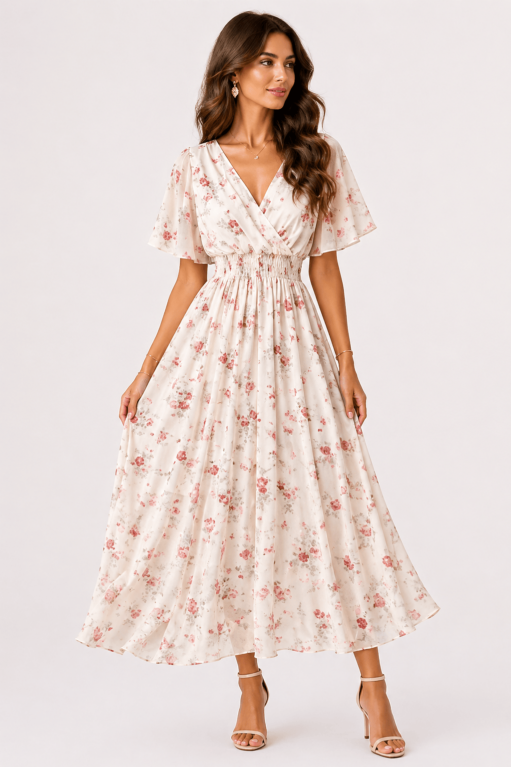 Women’s Floral Chiffon Boho Midi Dress – V-Neck A-Line Summer Dress Pink-small floral / One Size The Nichole Collection