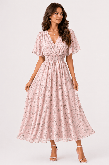 Women’s Floral Chiffon Boho Midi Dress – V-Neck A-Line Summer Dress Pink floral / One Size The Nichole Collection