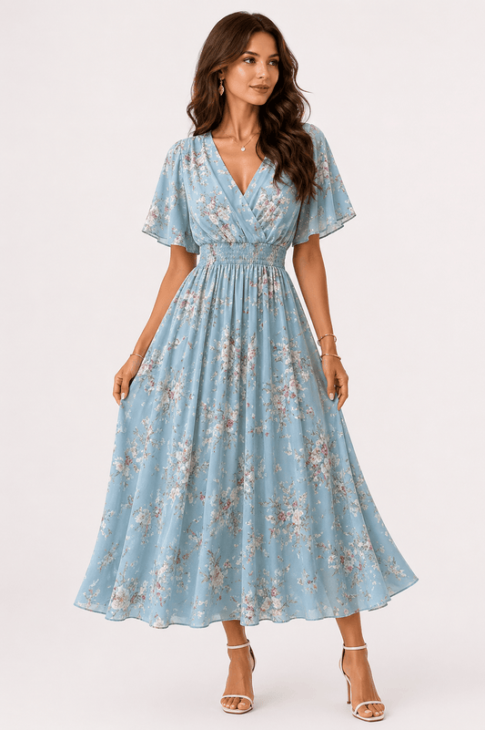 Women’s Floral Chiffon Boho Midi Dress – V-Neck A-Line Summer Dress Blue / One Size The Nichole Collection