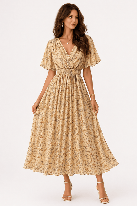 Women’s Floral Chiffon Boho Midi Dress – V-Neck A-Line Summer Dress Khaki / One Size The Nichole Collection