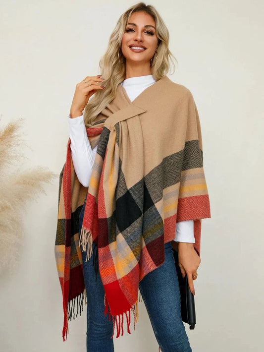 Women’s Fringe Contrast Plaid Poncho Shawl Sherbet / One Size The Nichole Collection