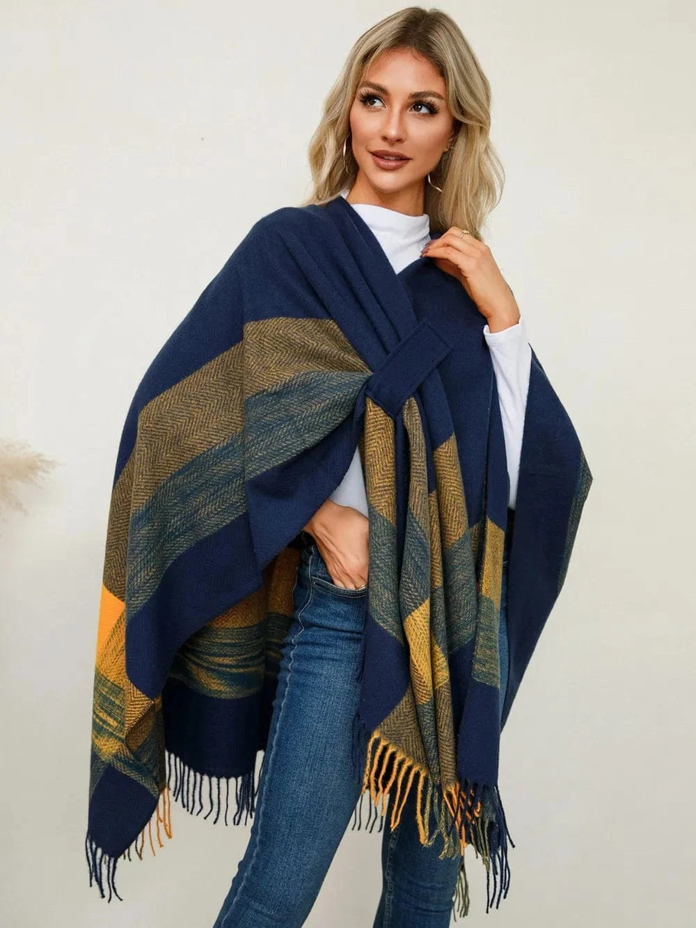 Women’s Fringe Contrast Plaid Poncho Shawl Navy / One Size The Nichole Collection