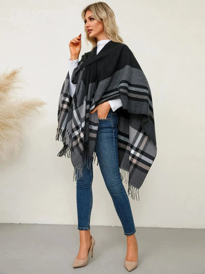 Women’s Fringe Contrast Plaid Poncho Shawl The Nichole Collection