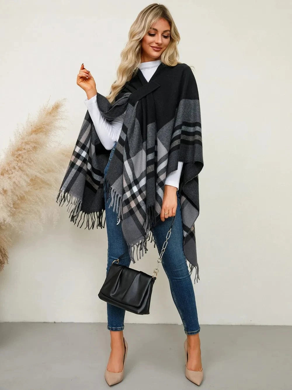 Women’s Fringe Contrast Plaid Poncho Shawl The Nichole Collection