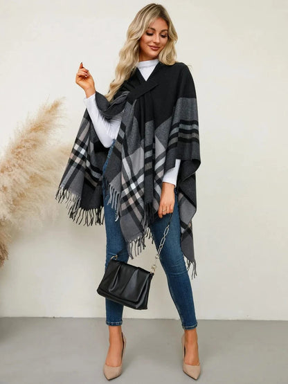 Women’s Fringe Contrast Plaid Poncho Shawl The Nichole Collection