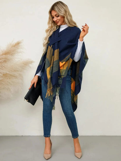 Women’s Fringe Contrast Plaid Poncho Shawl The Nichole Collection